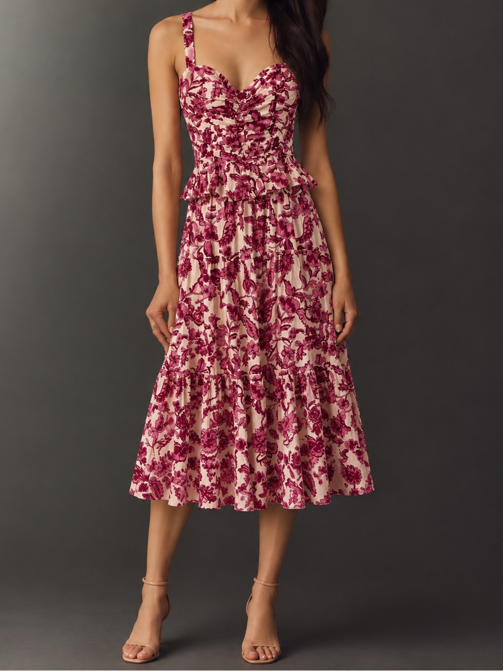 LÉA Pink Floral Cottagecore Midi Dress | Ruched Bust Peplum Sundress Medium